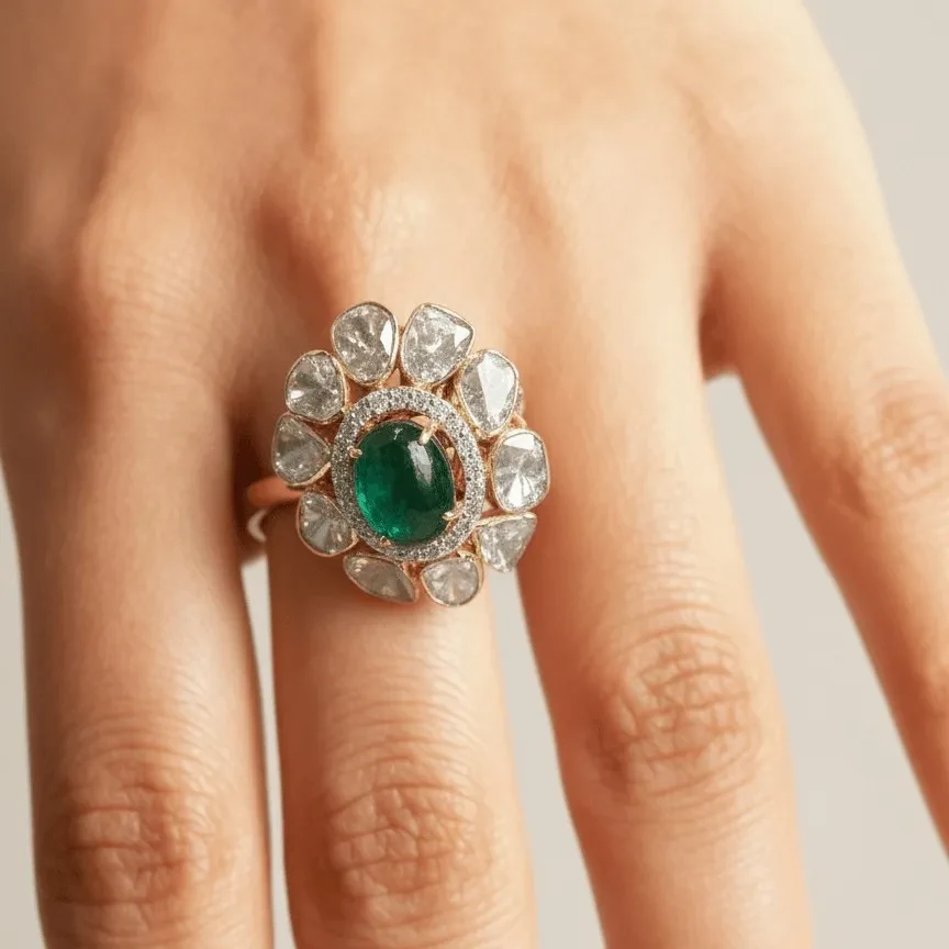 DIAMOND POLKI EMERALD POTA RING