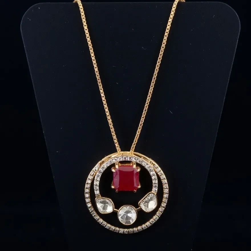 DIAMOND POLKI RUBY CUSSION NECKLACE