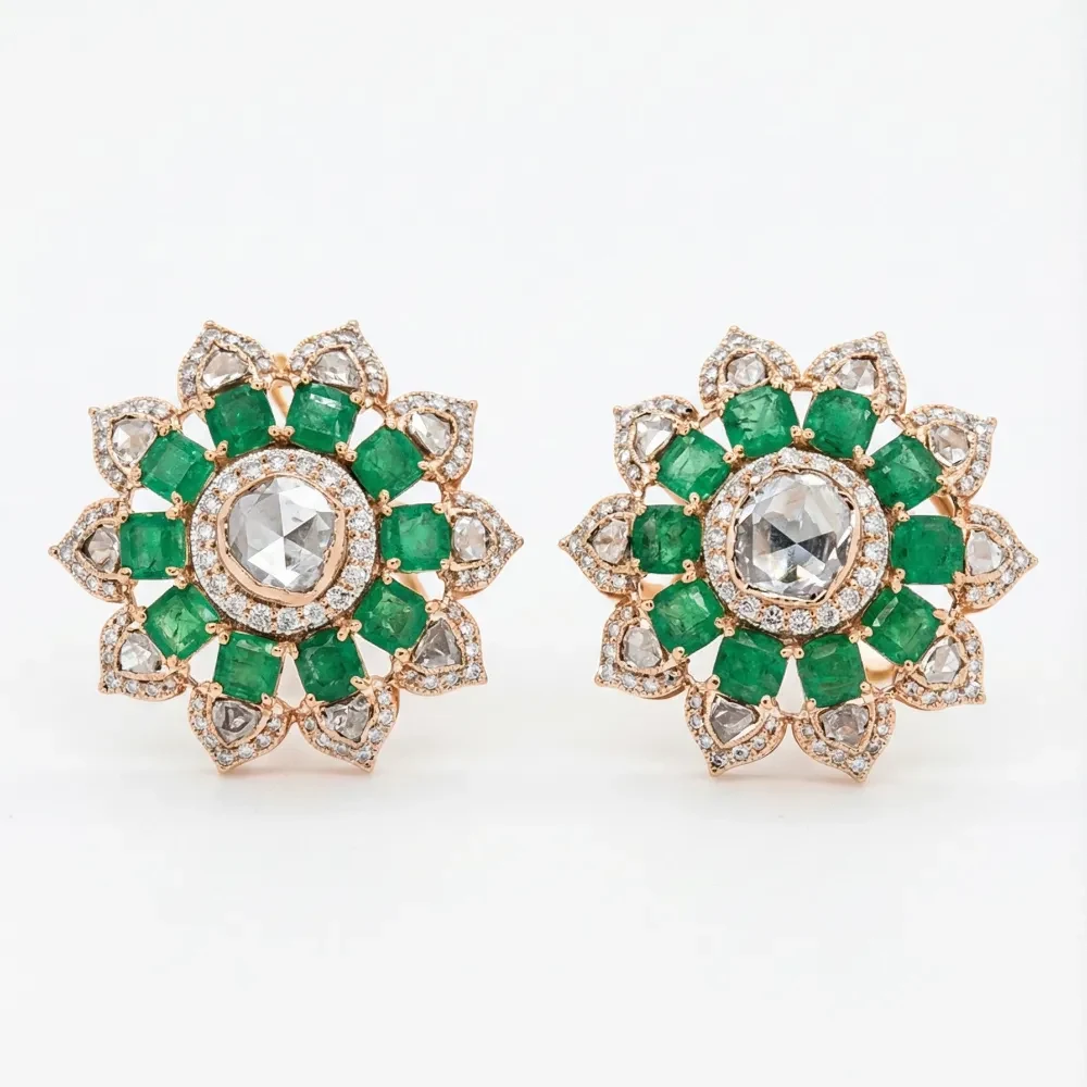 DIAMOND POLKI EMERALD OCTO EARRING