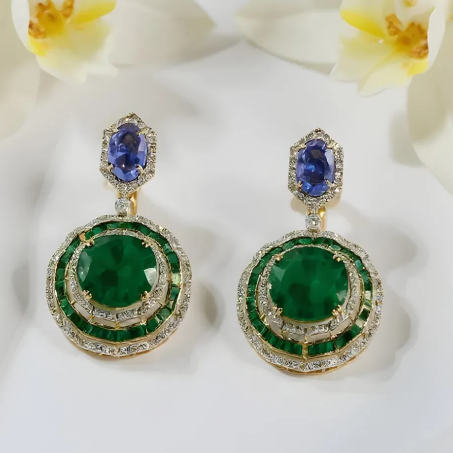 TANZANITE EMERALD OCTO CHOWKI DIAMOND EARRING
