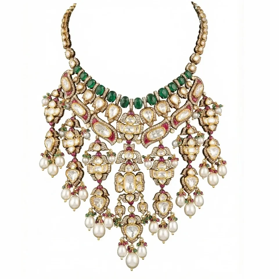 EMERALD POTA OVAL KUNDAN D.M POLKI RED TALPE SET