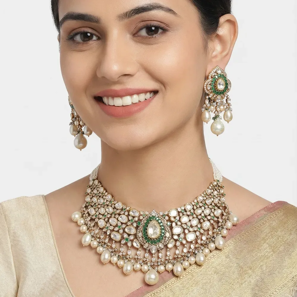 DIAMOND POLKI EMERALD PAN POTA SET