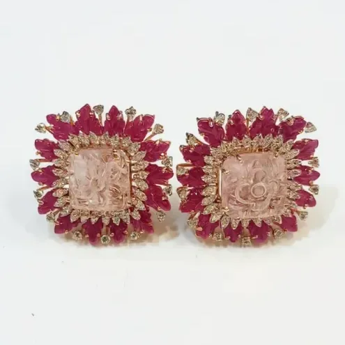MORGONITE RUBY CARVIN LEAVES EARRING