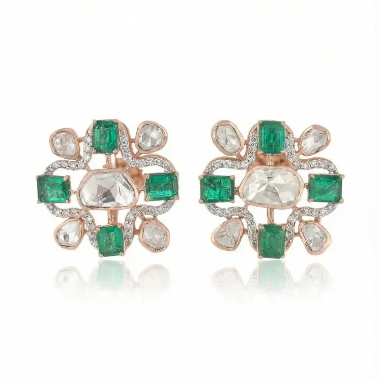 DIAMOND polki EMERALD octo EARRING