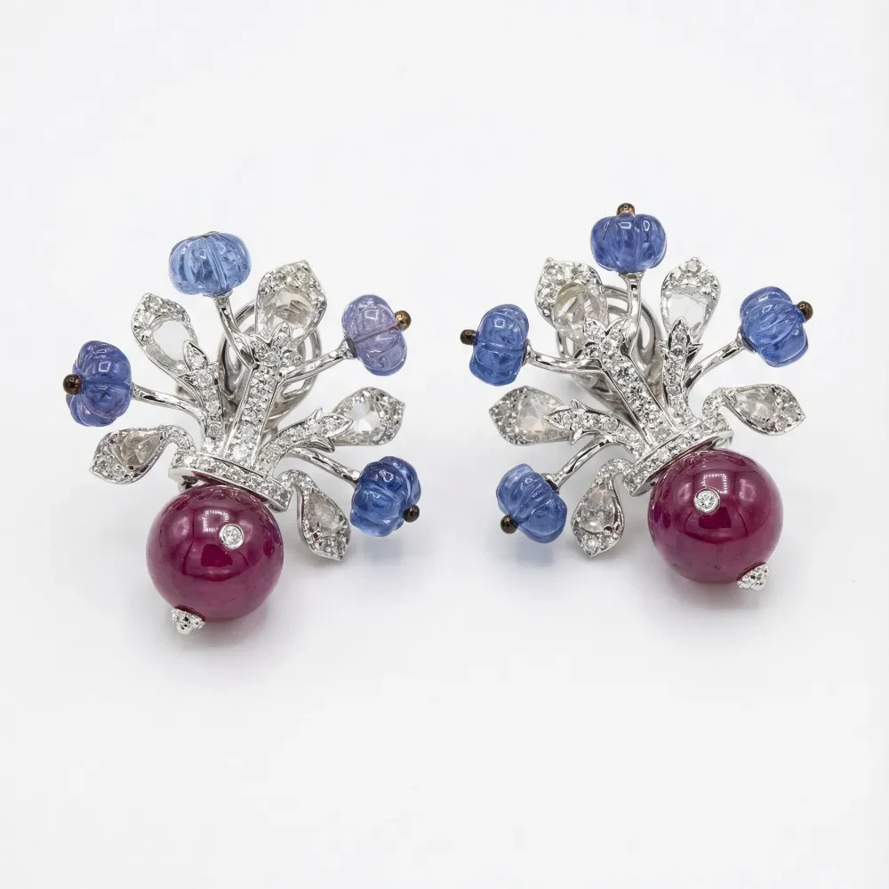 TANZANITE RED MOTI ROSE CUT DIAMOND EARRING