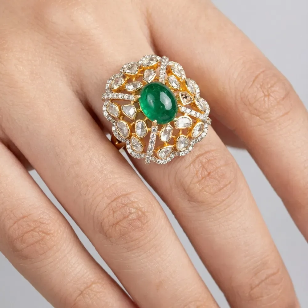 DIAMOND POLKI EMERALD POTA RING