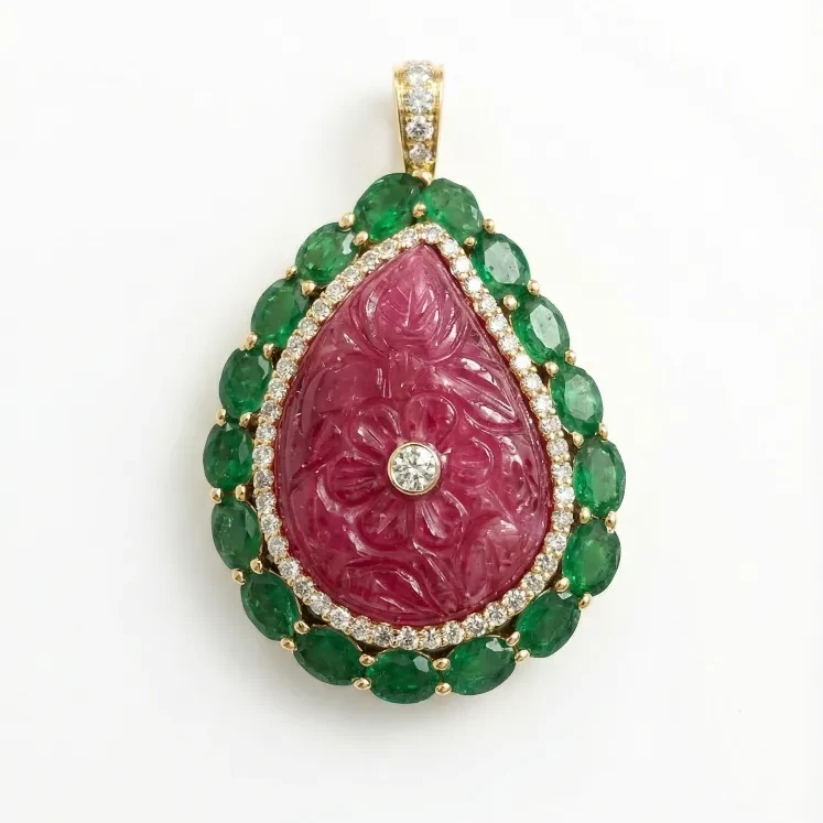RUBY CARVIN DIAMOND EMERALD OVAL PENDANT