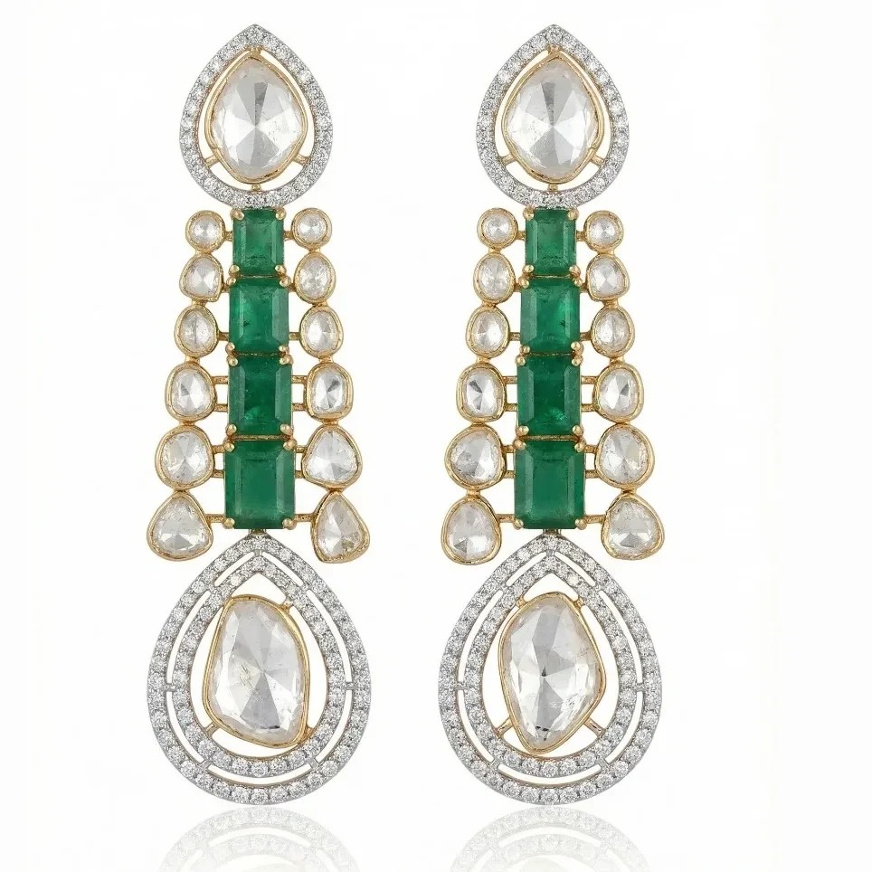 EMERALD OCTO POLKI DIAMOND EARRING