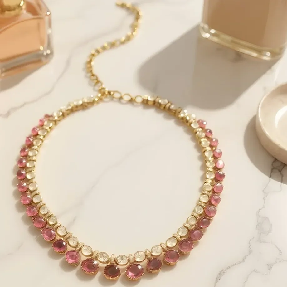 DIAMOND POLKI TURMULINE POTA LINE NECKLACE