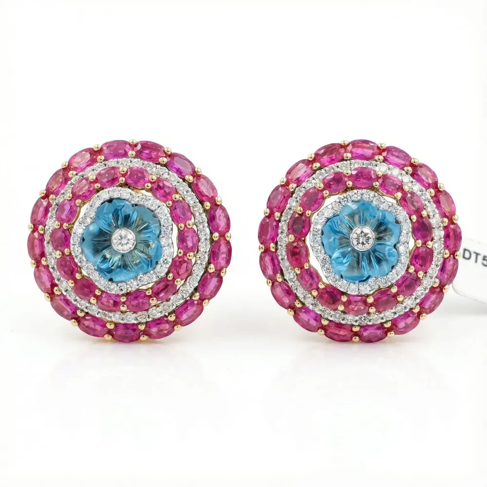 BLUE TOPAS RUBY DIAMOND FLOWER EARRINGS