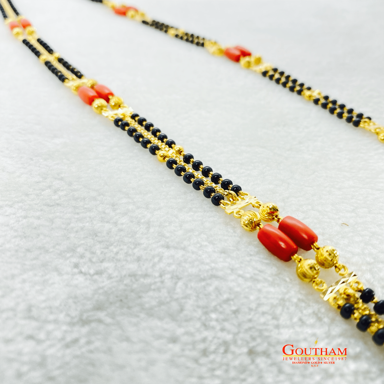 Fancy Long Black-beeds With Coral Mangalsutra Chain Gj0264