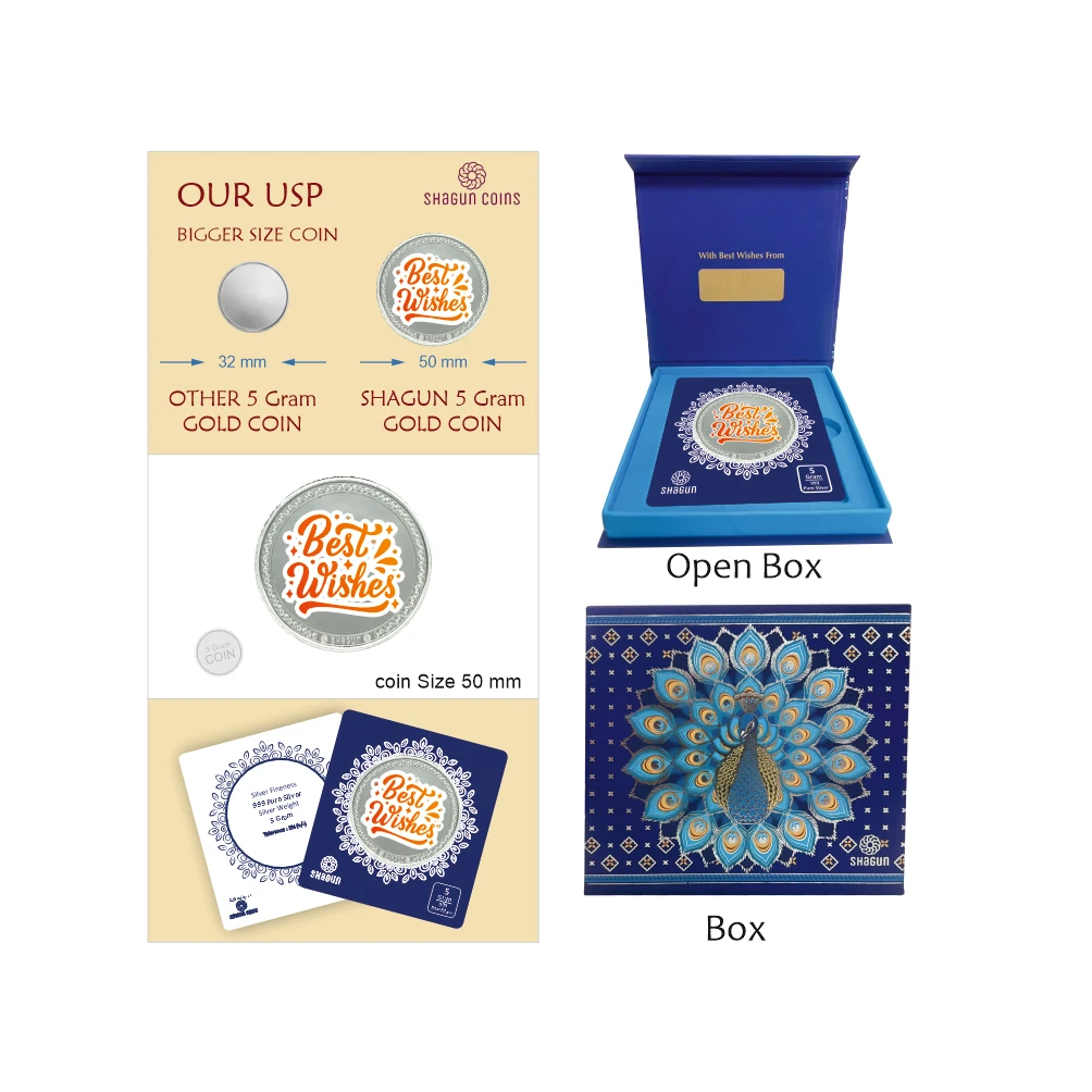 5 GRAM SILVER COIN BIG SIZE - 50MM -  best wishes printed
