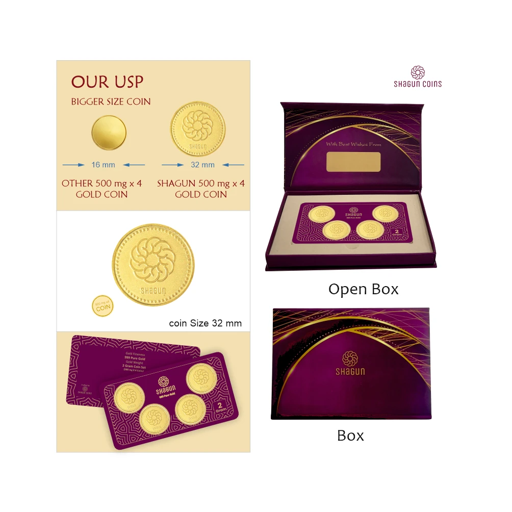 2 GRAM GOLD COIN SET NEW  (500 MG. x 4 COINS) shagun