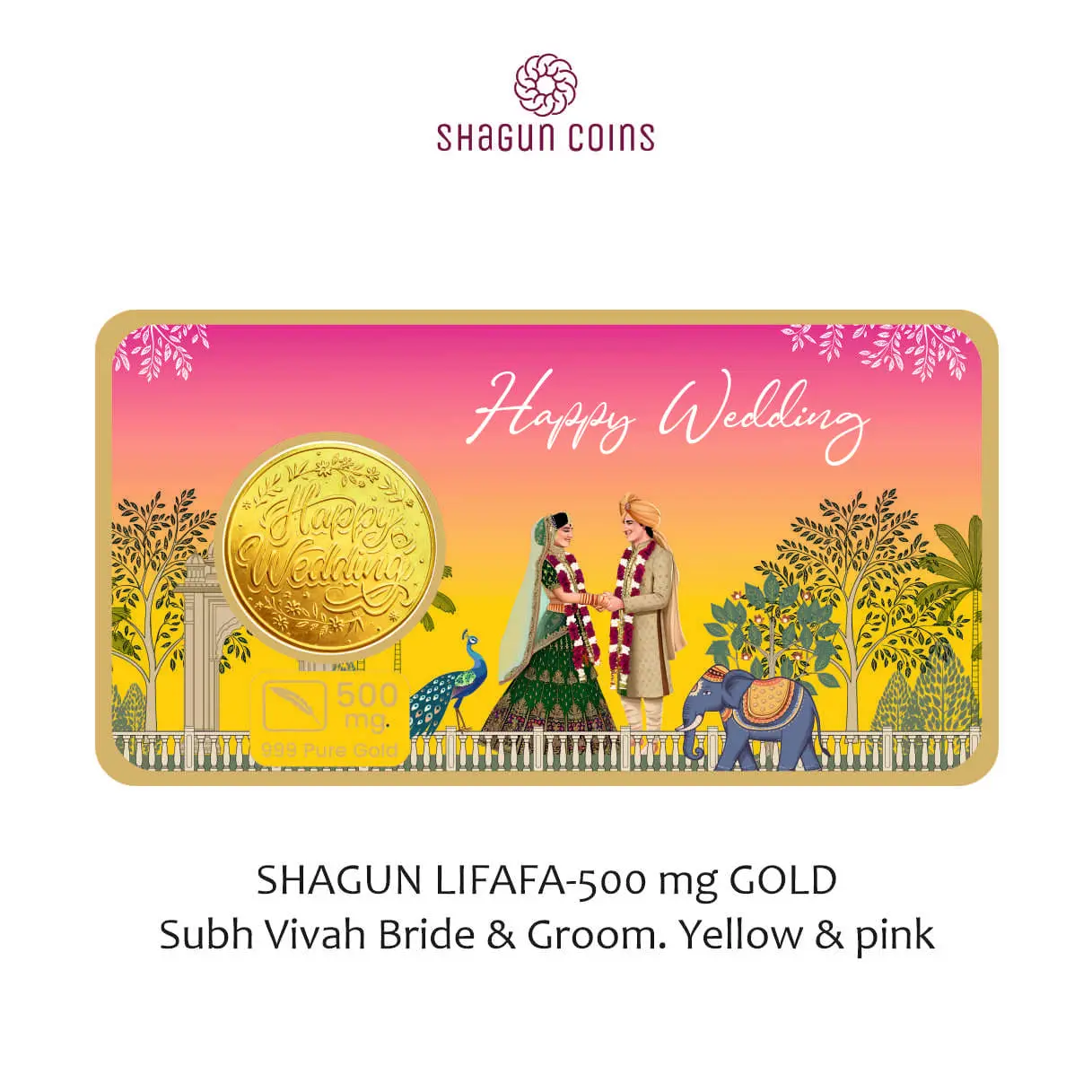 SHAGUN LIFAFA-500 mg. GOLD - Happy wedding yellow & pink