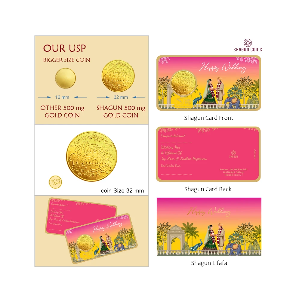 SHAGUN LIFAFA-500 mg. GOLD - Happy wedding yellow & pink