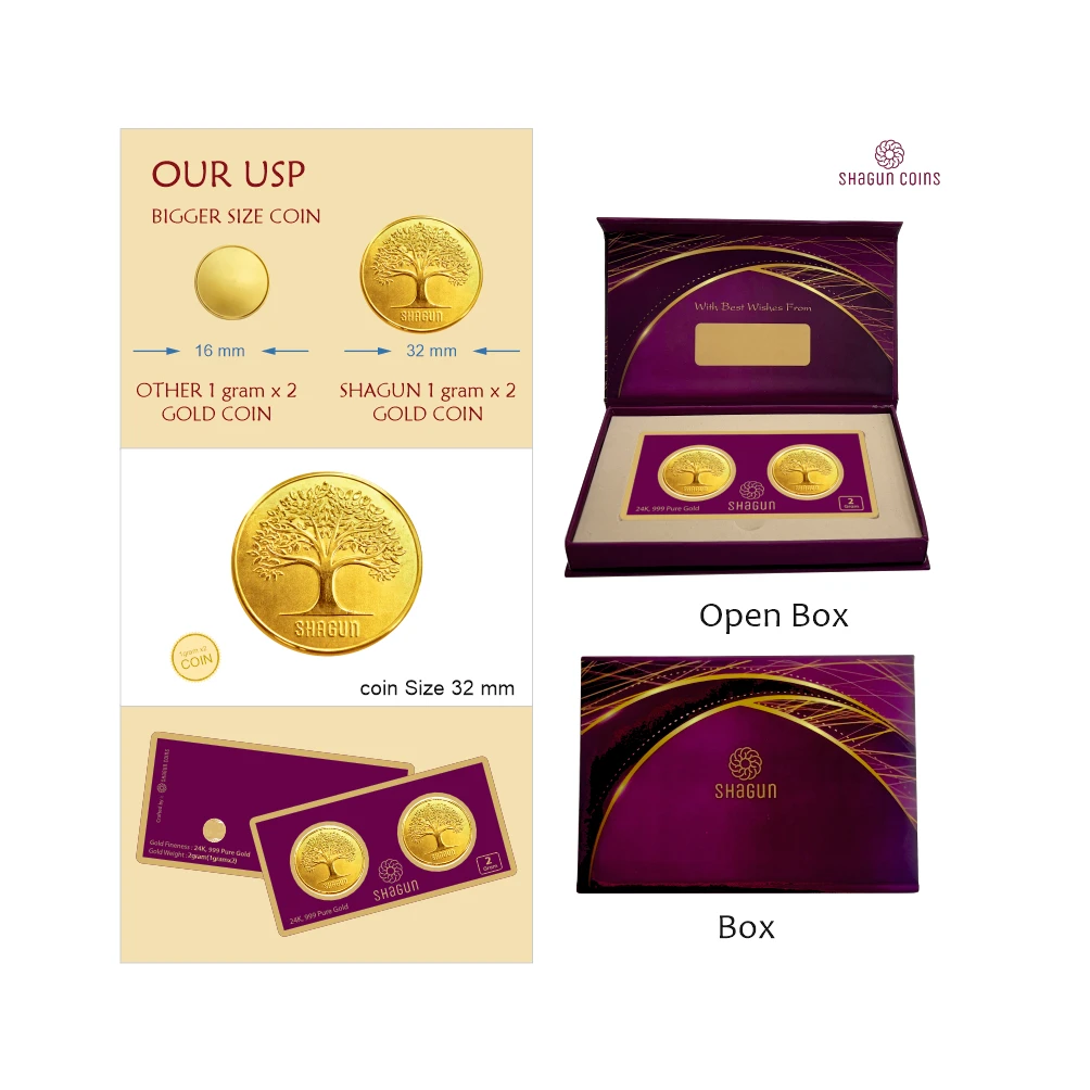 2 GRAM GOLD COIN SET NEW  (1 GRAM x 2 COINS) Tree
