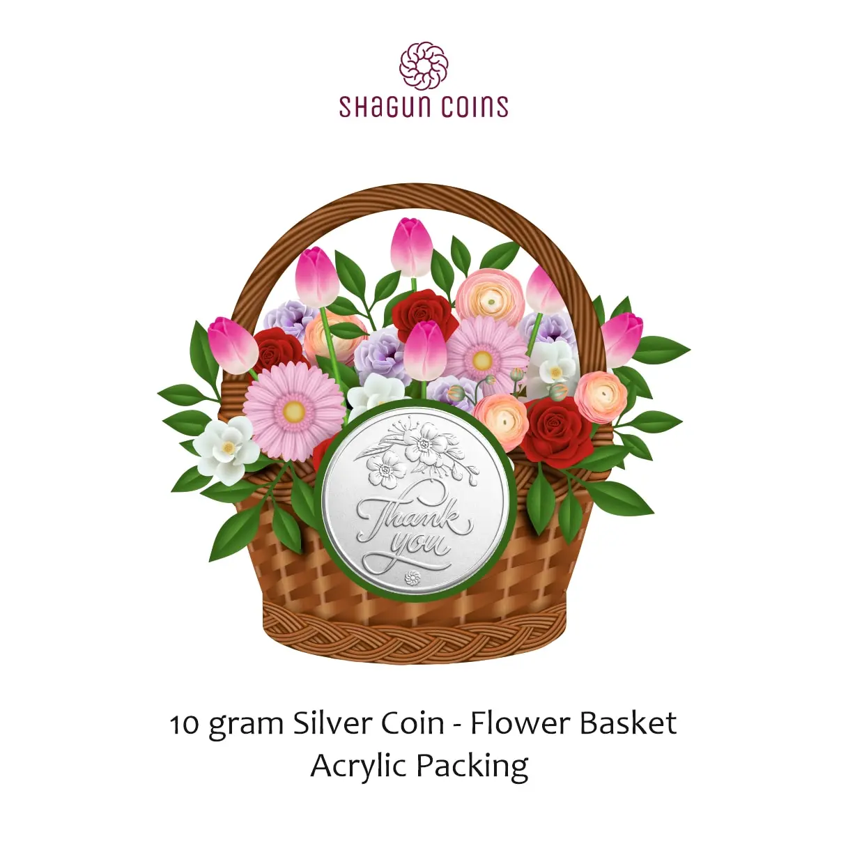 NEW SHAPE 10 GRAM SILVER COIN - STANDARD -  Flower basket