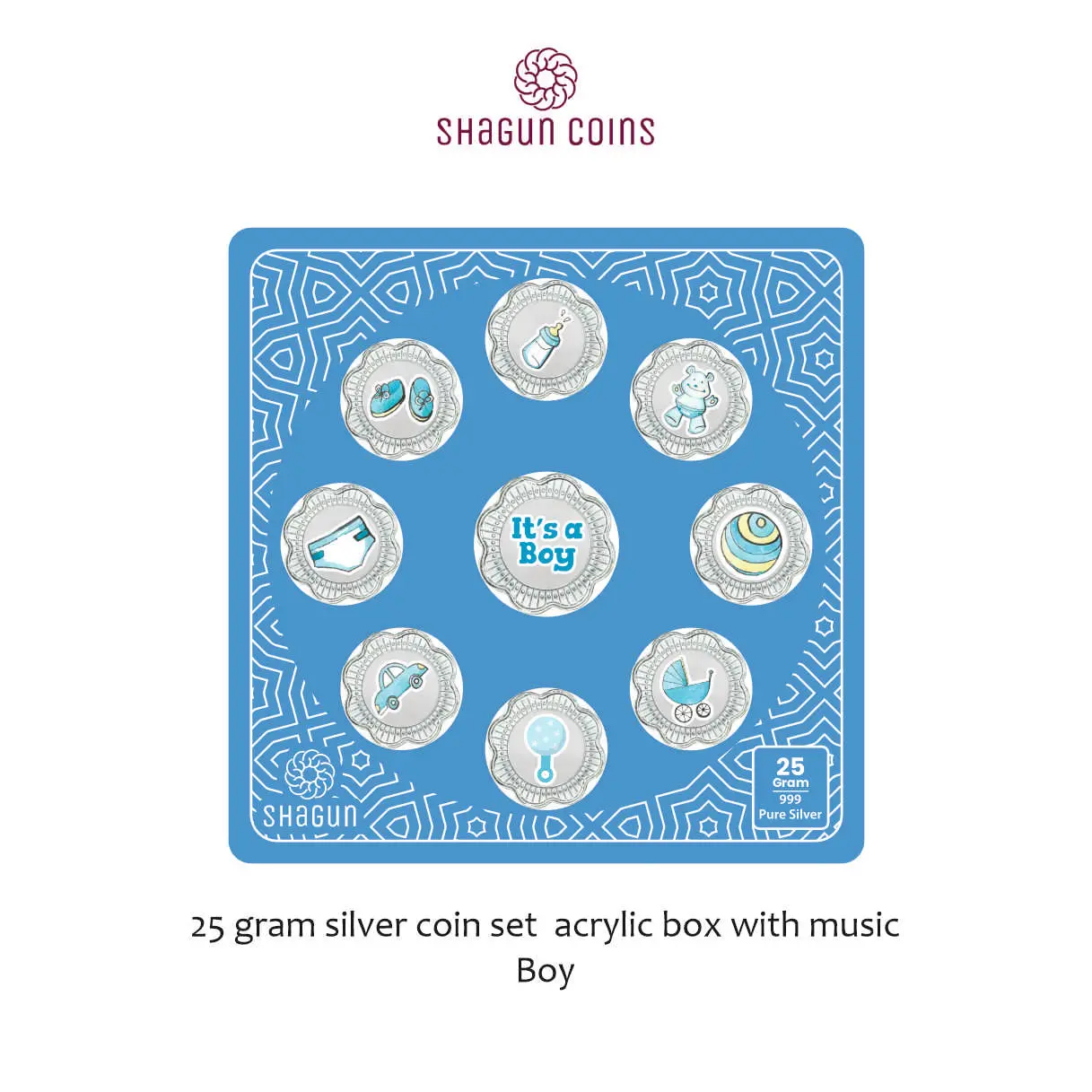 25 GRAM SILVER COIN SET ACRYLIC BOX WITH MUSIC -  Boy