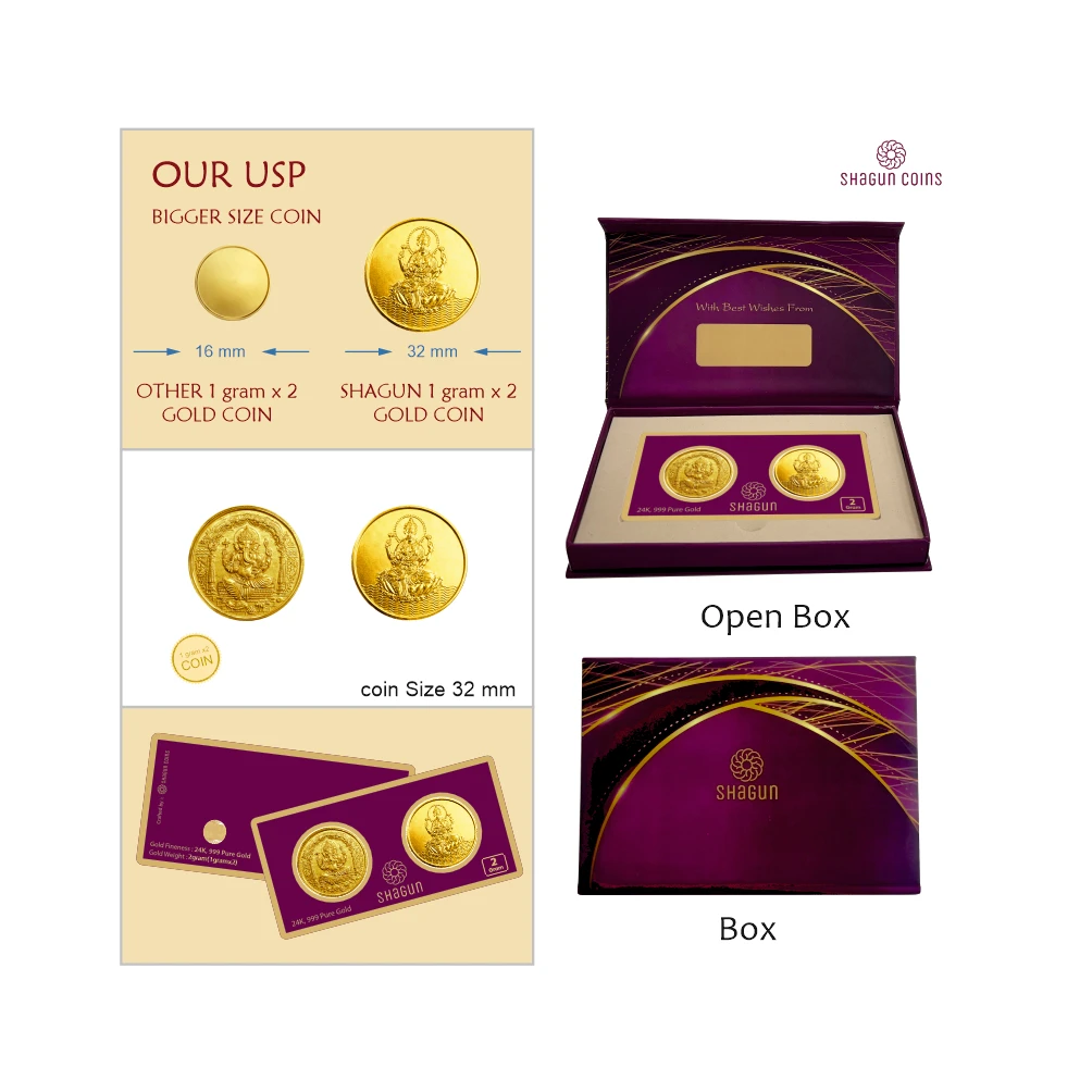 2 GRAM GOLD COIN SET NEW  (1 GRAM x 2 COINS) Ganesh lakshmi
