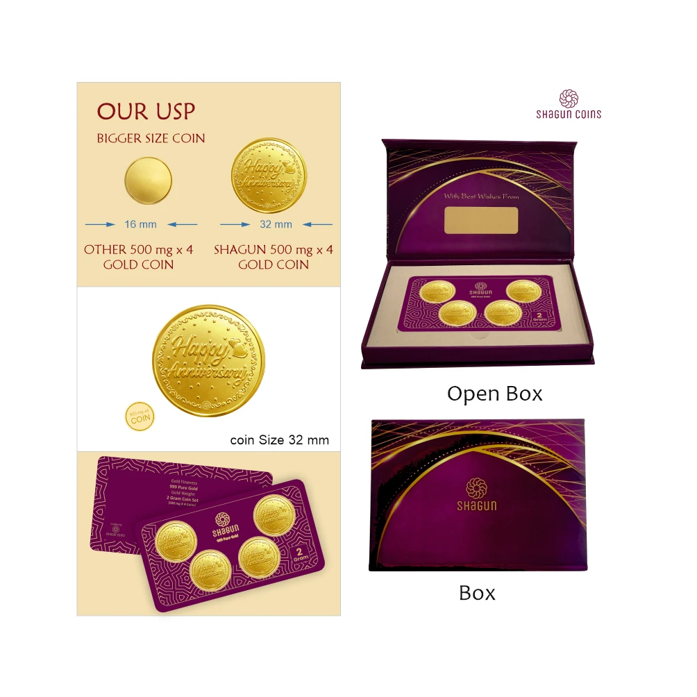 2 GRAM GOLD COIN SET NEW  (500 MG. x 4 COINS) Anniversary