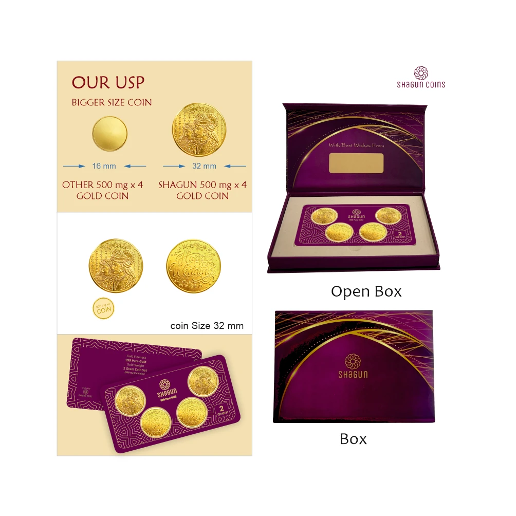 2 GRAM GOLD COIN SET NEW  (500 MG. x 4 COINS)  wedding