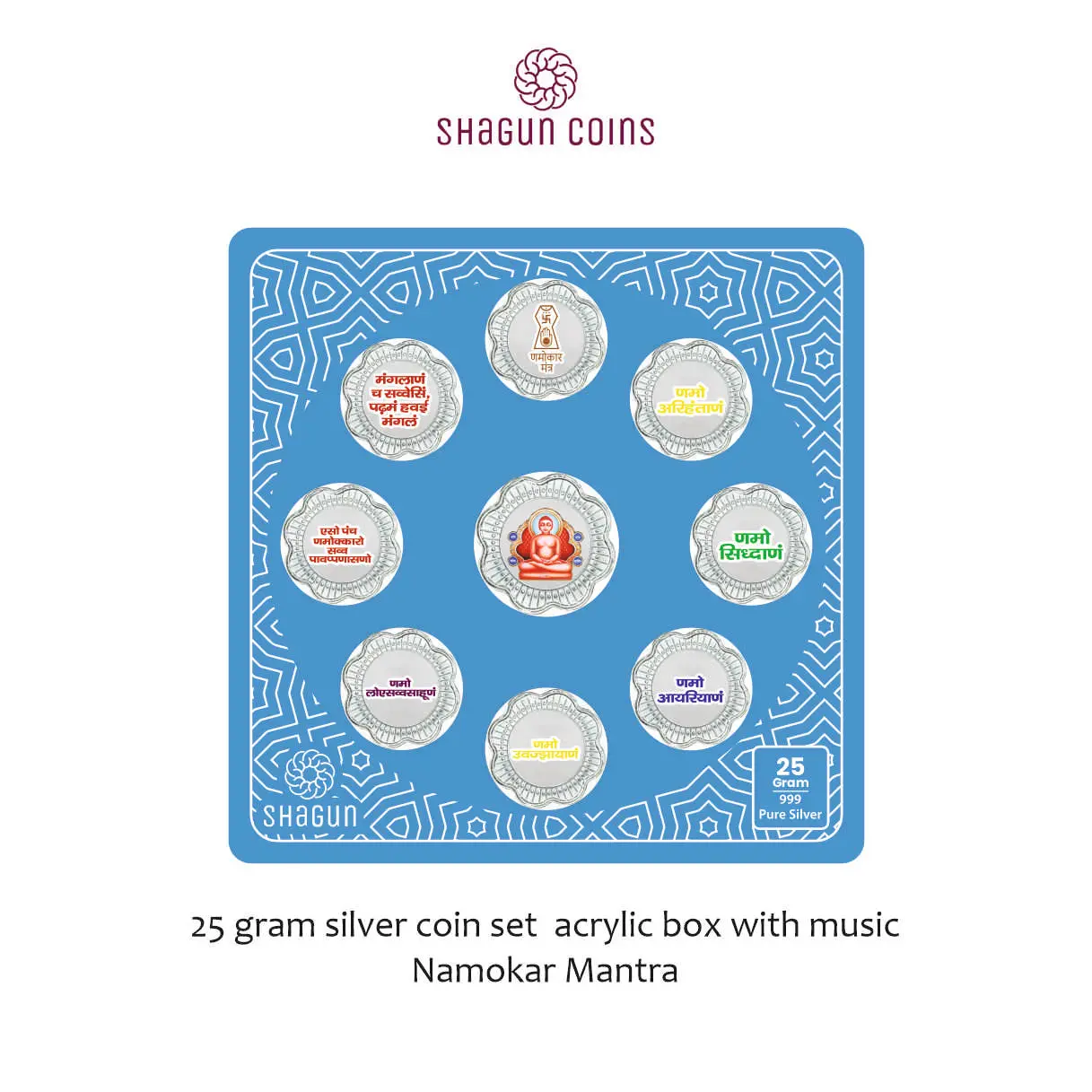 25 GRAM SILVER COIN SET ACRYLIC BOX WITH MUSIC - Namokar mantra