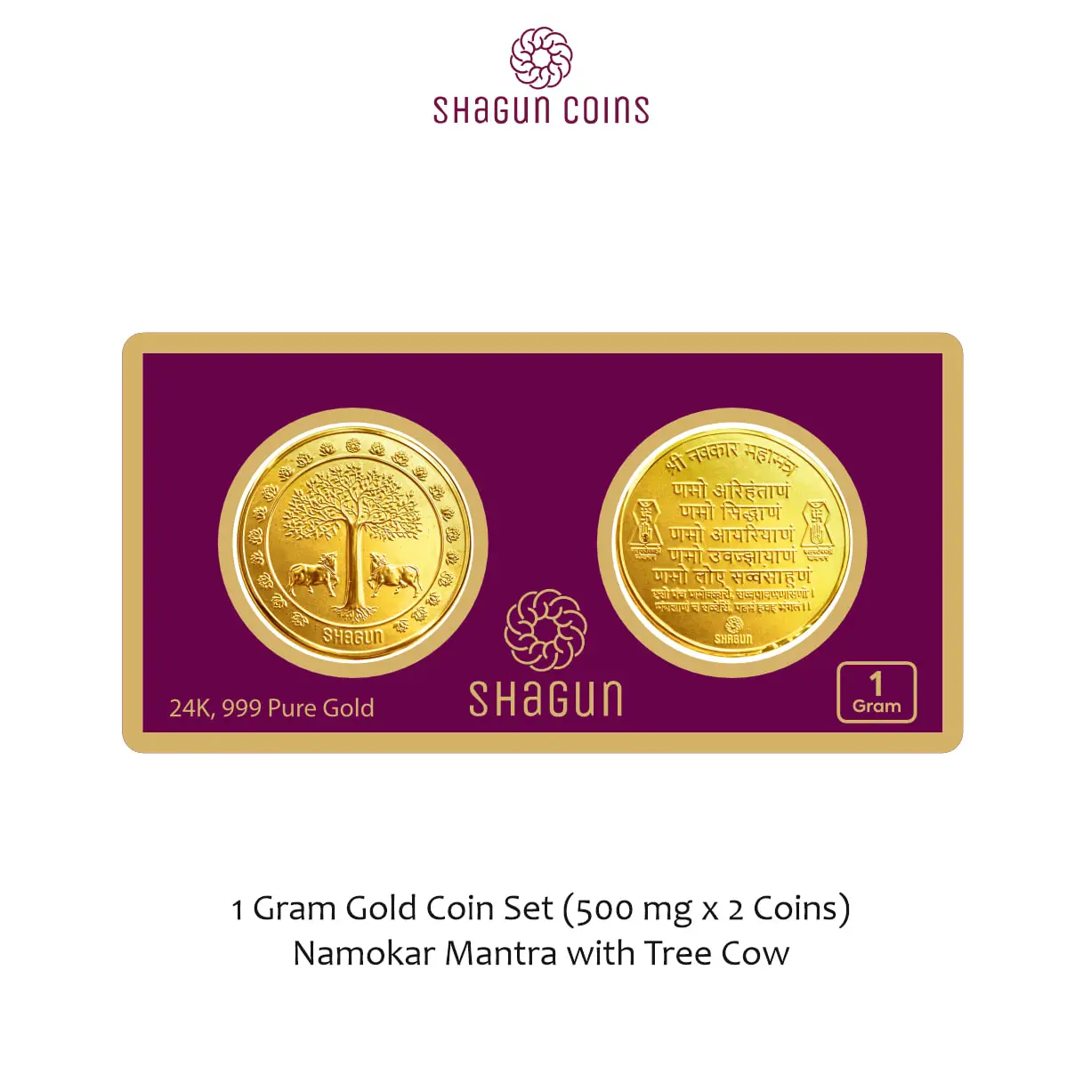 1 GRAM GOLD COIN SET NEW   (500 mg. x 2 COINS) namokar mantra with tree cow