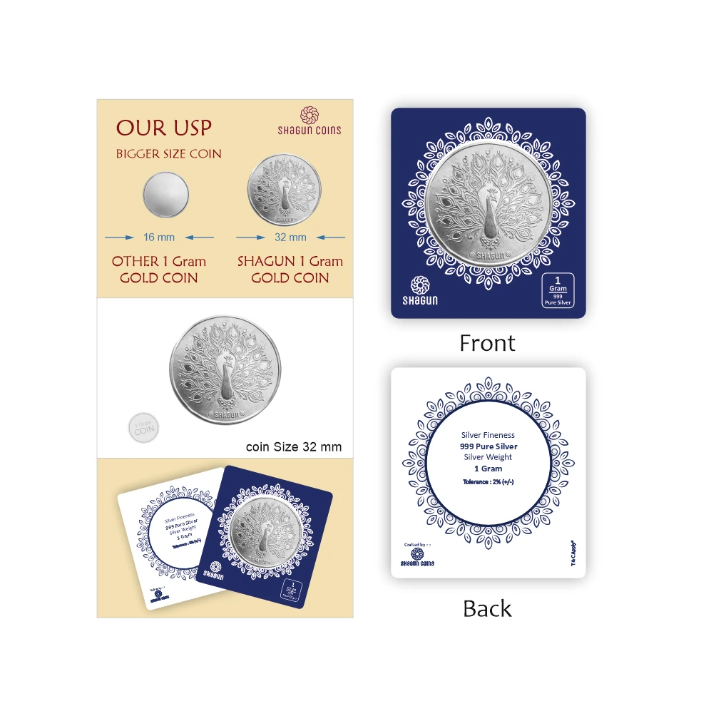 1 GRAM SILVER COIN BIG SIZE - 32MM -  peacock without box