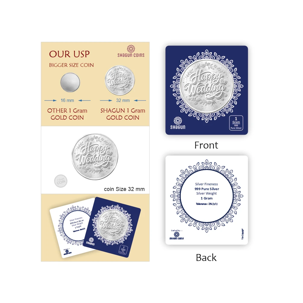 1 GRAM SILVER COIN BIG SIZE - 32MM -  happy wedding without box