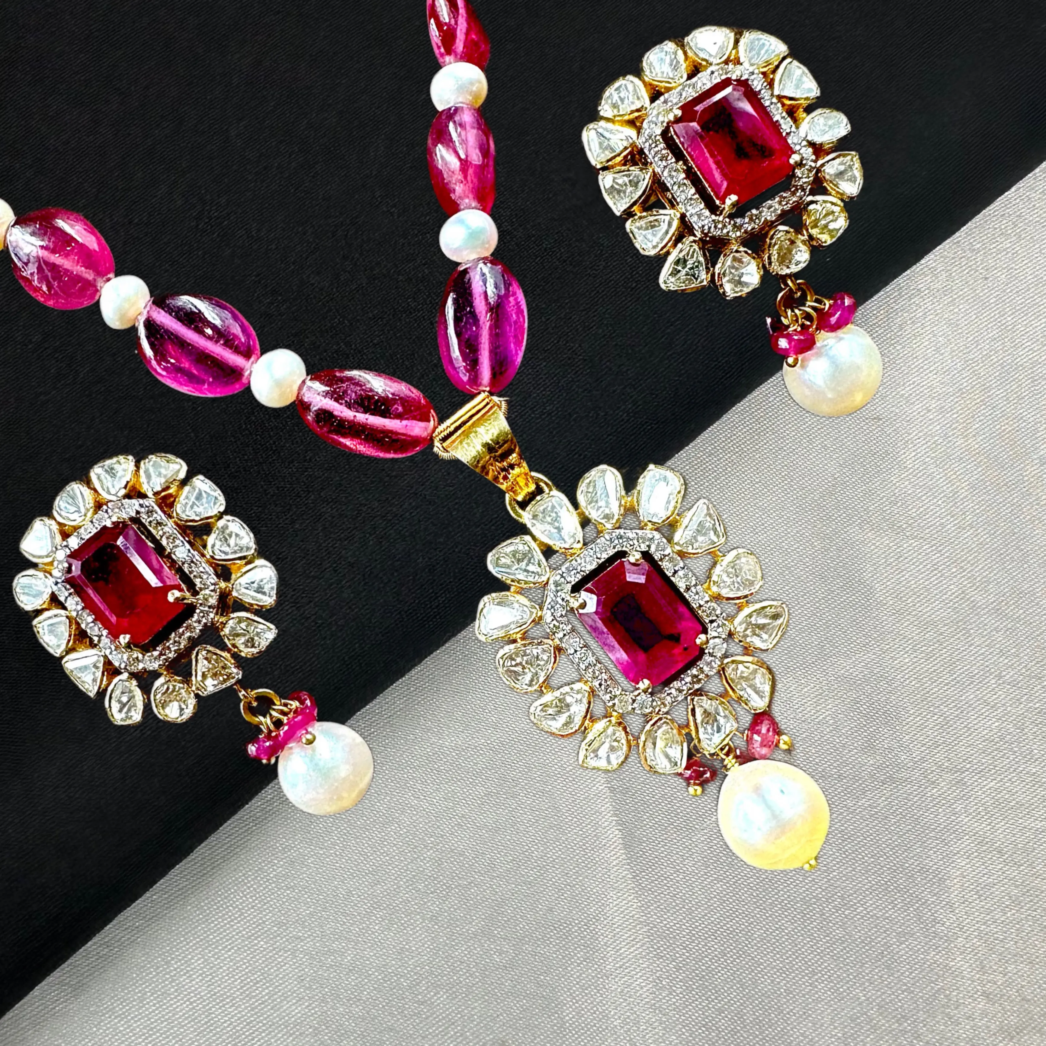 Polki Ruby N Diamond Pendent Set