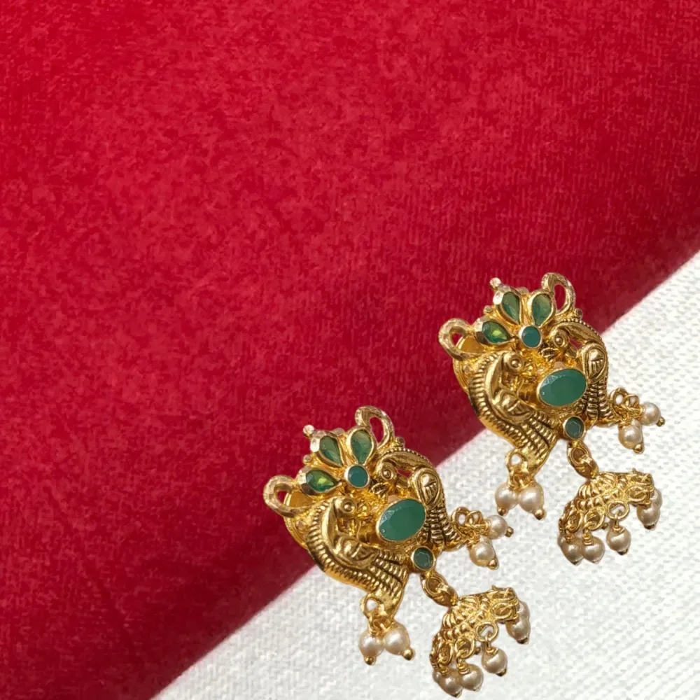 Peacock Studs And Spinal Emerald With Pearl