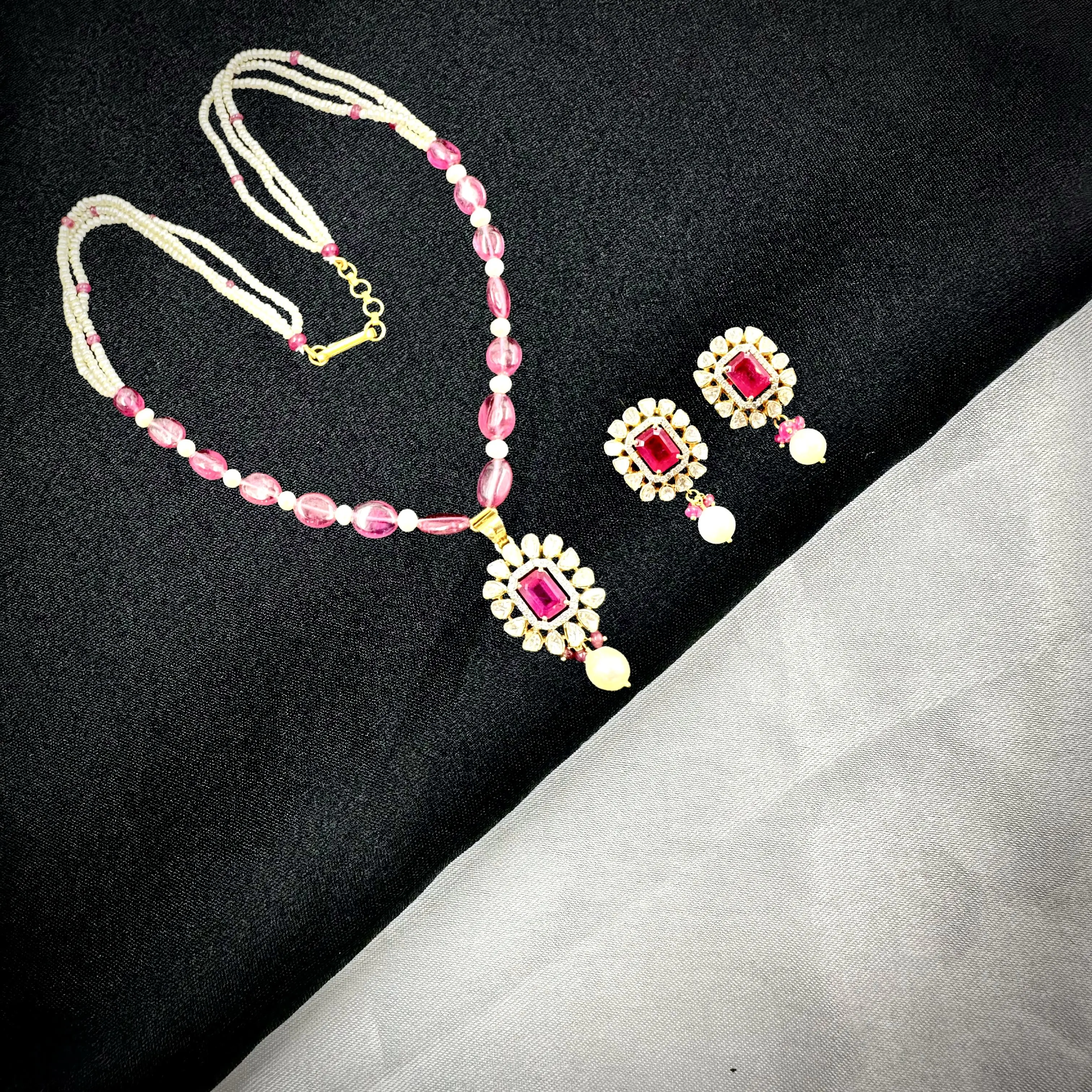 Polki Ruby N Diamond Pendent Set