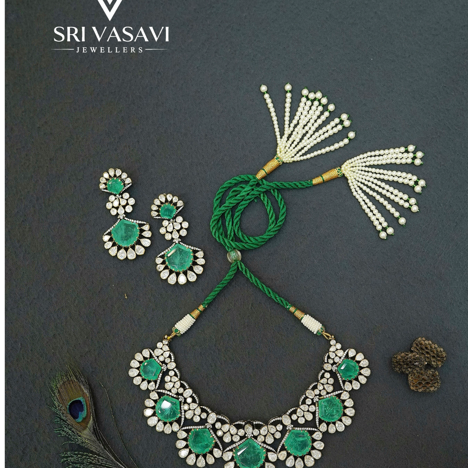Uncut moissanite and emerald necklace