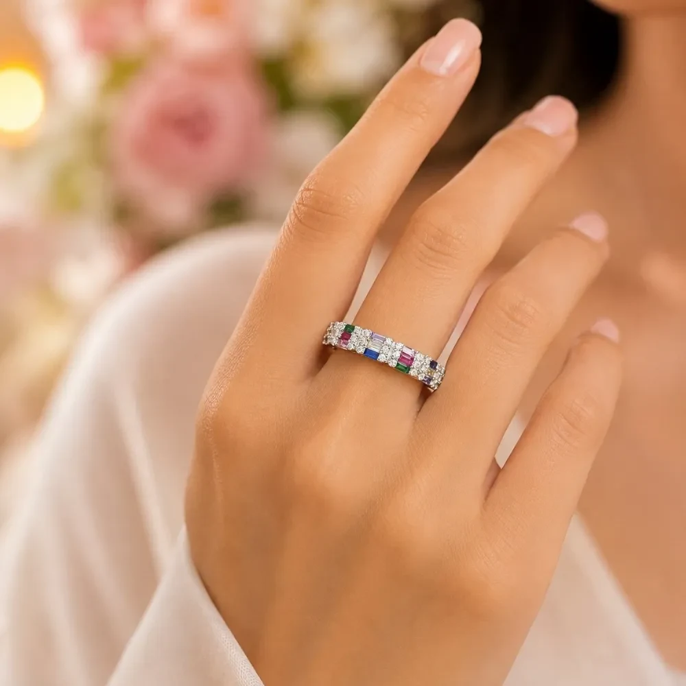 925 Silver Multicolour Stone Floral Band Ring