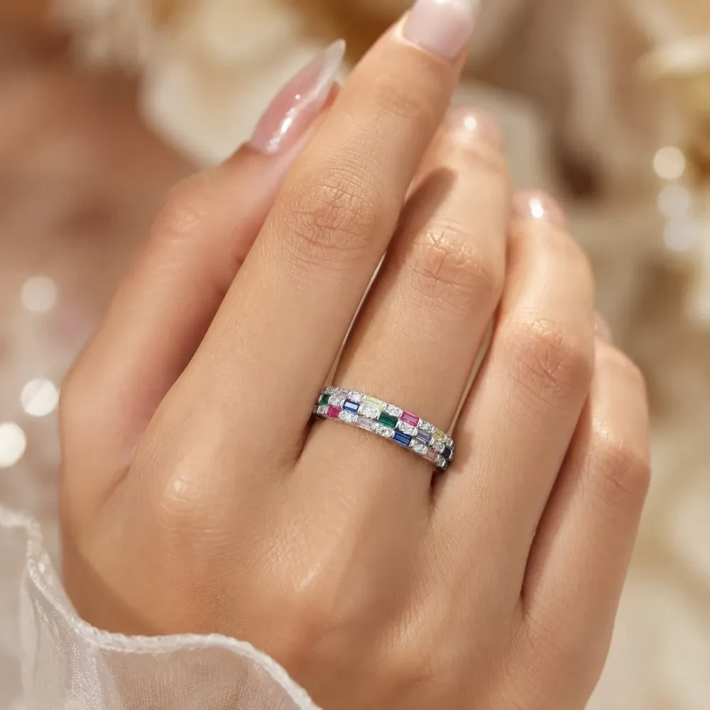 925 Silver Multicolour Triple-Row Baguette Ring