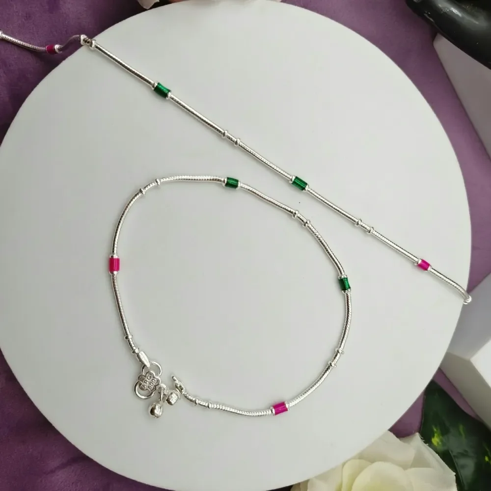 Pink & Green Beaded Charm Hallmarked Silver Payal