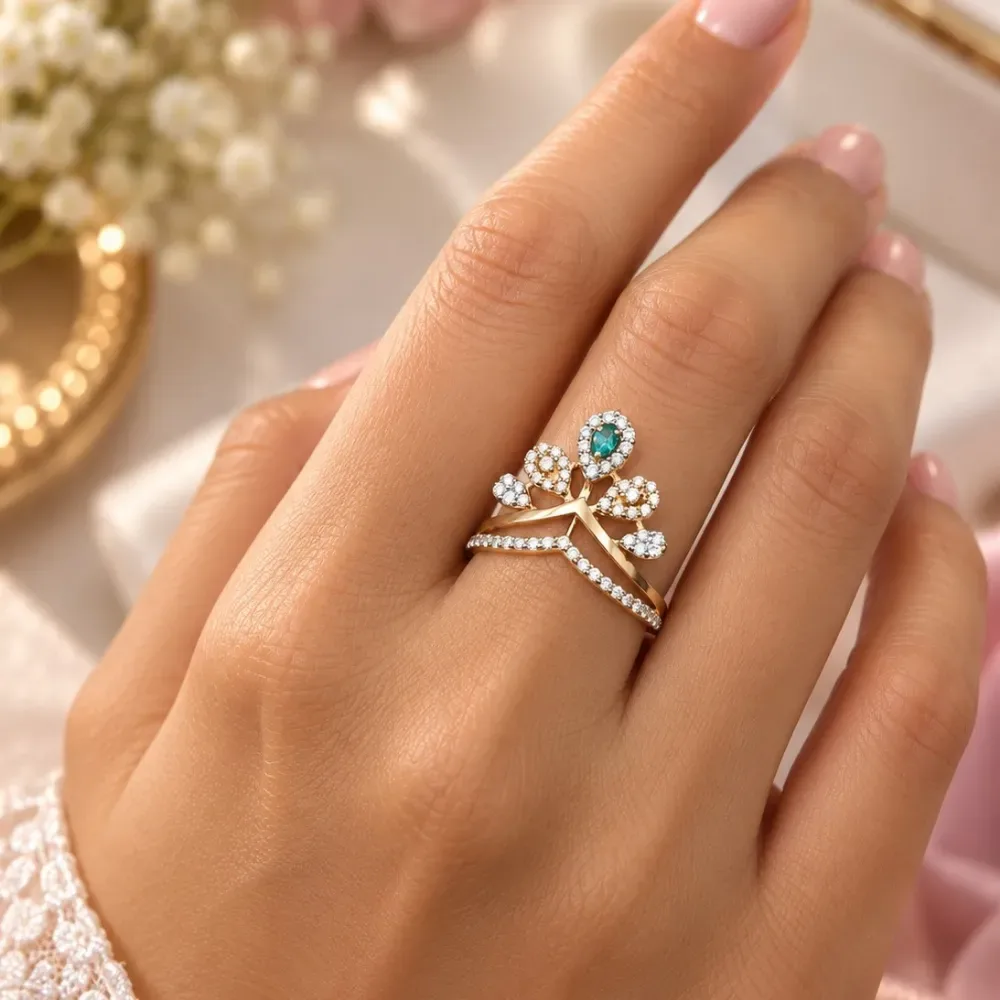 Emerald Crown V-Shape Gold Ring