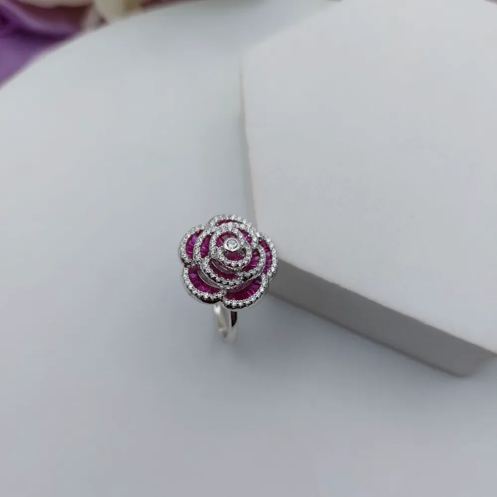 925 Silver Ruby-Tone Floral Statement Ring