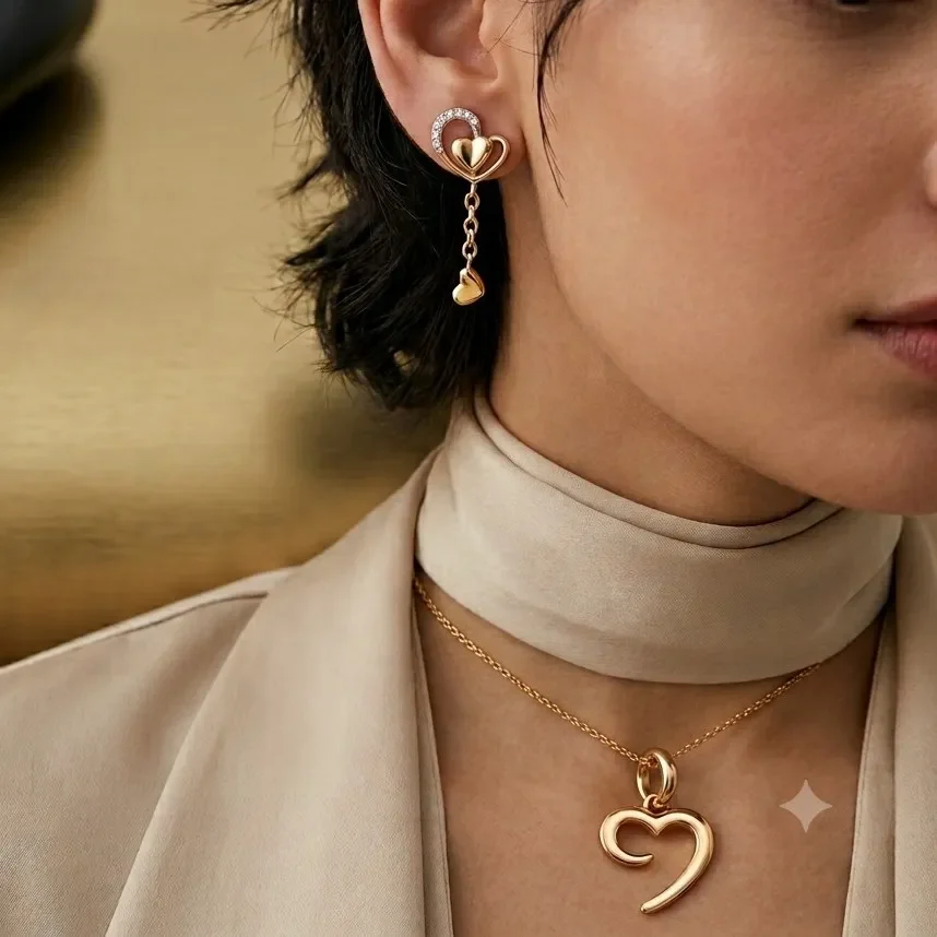 Heart Rose Gold Pendant Earrings Set
