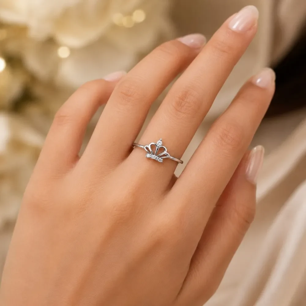 925 Silver Crown Ring with Sparkling Accents