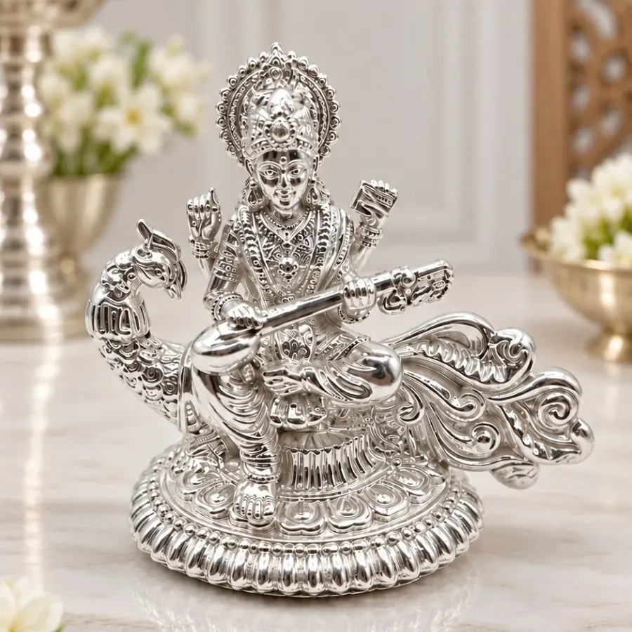 Maa Saraswati 925 Silver Solid Murti