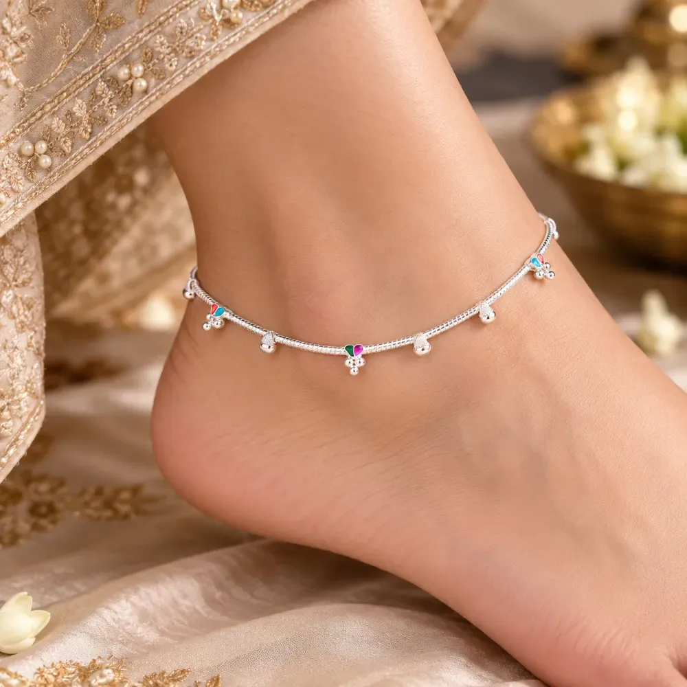 Elegant Multicolour Charm Hallmarked Silver Payal