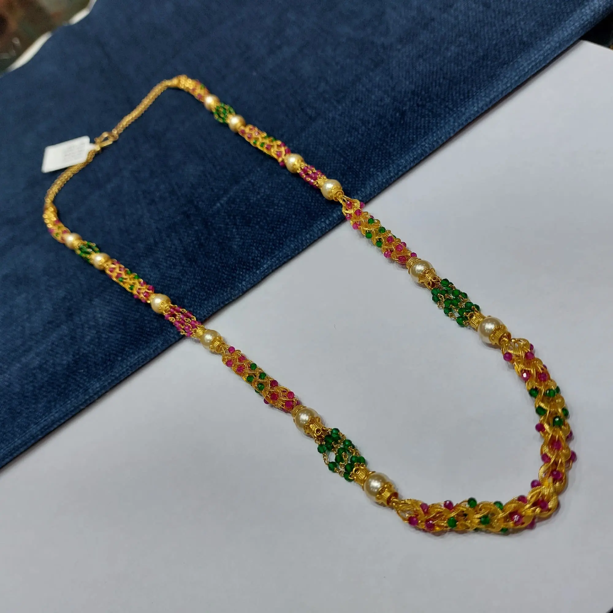 Gold Chain With Pick Green Moti