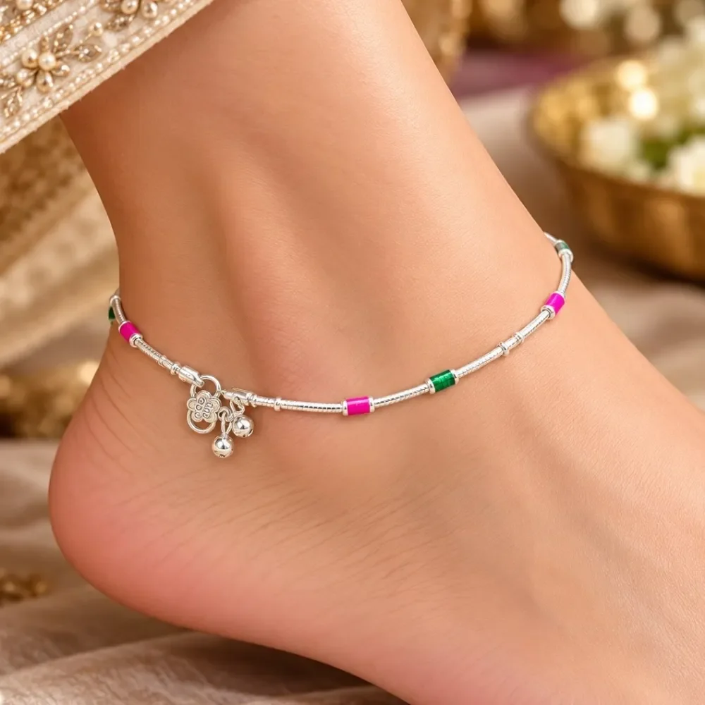 Pink & Green Beaded Charm Hallmarked Silver Payal