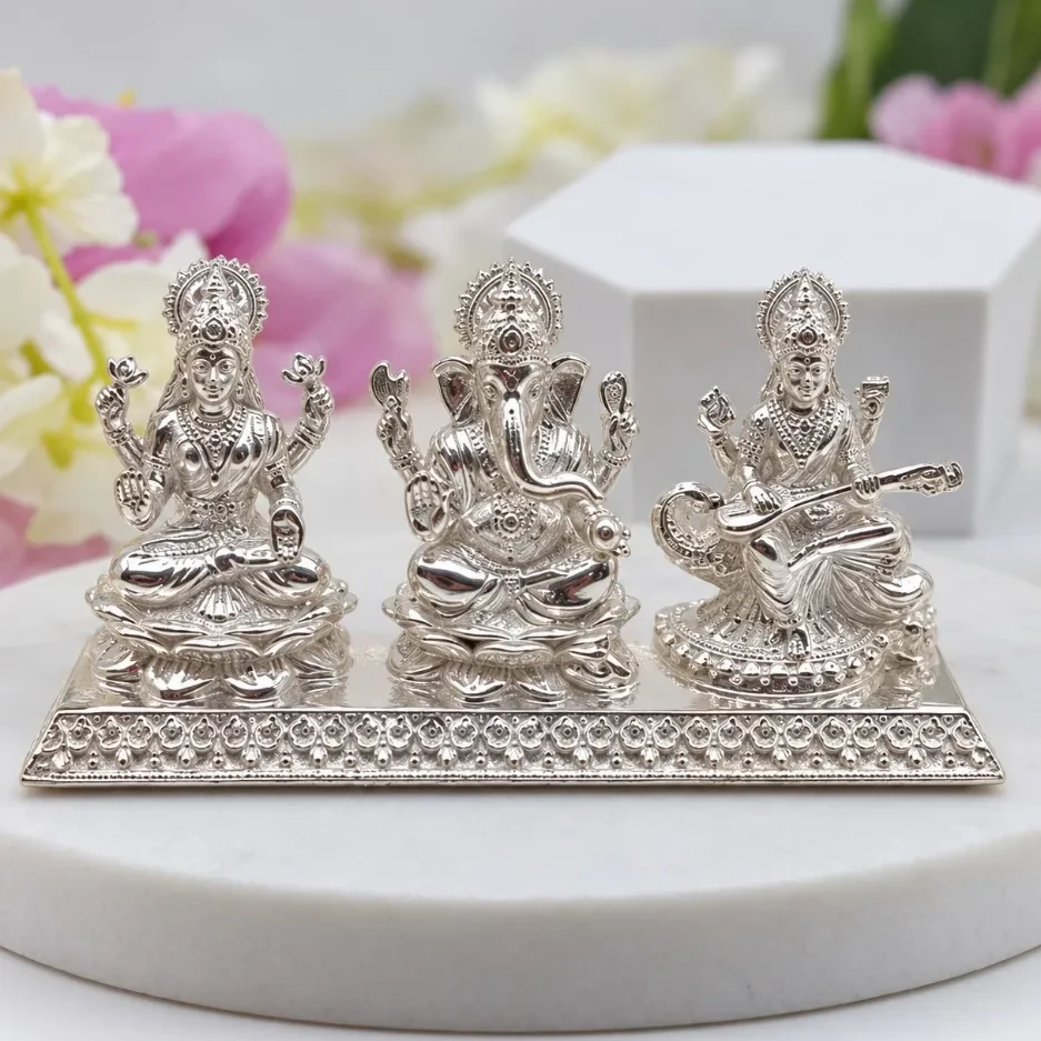 925 Silver Laxmi Ganesh Saraswati Devi Murti