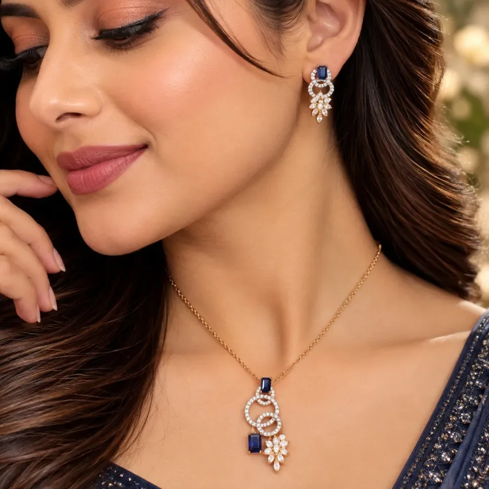 Blue Sapphire Floral Elegance Pendant Set