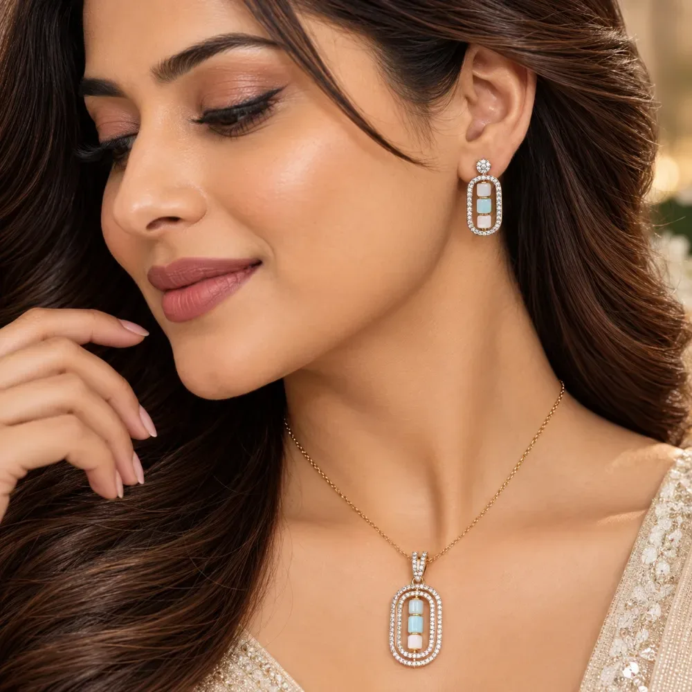 Aqua Geometric Elegance Pendant Set