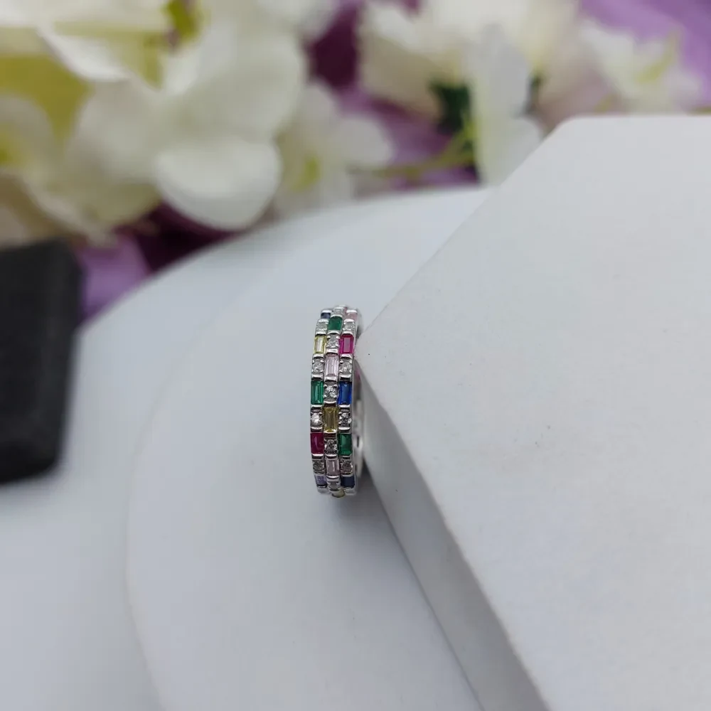 925 Silver Multicolour Triple-Row Baguette Ring