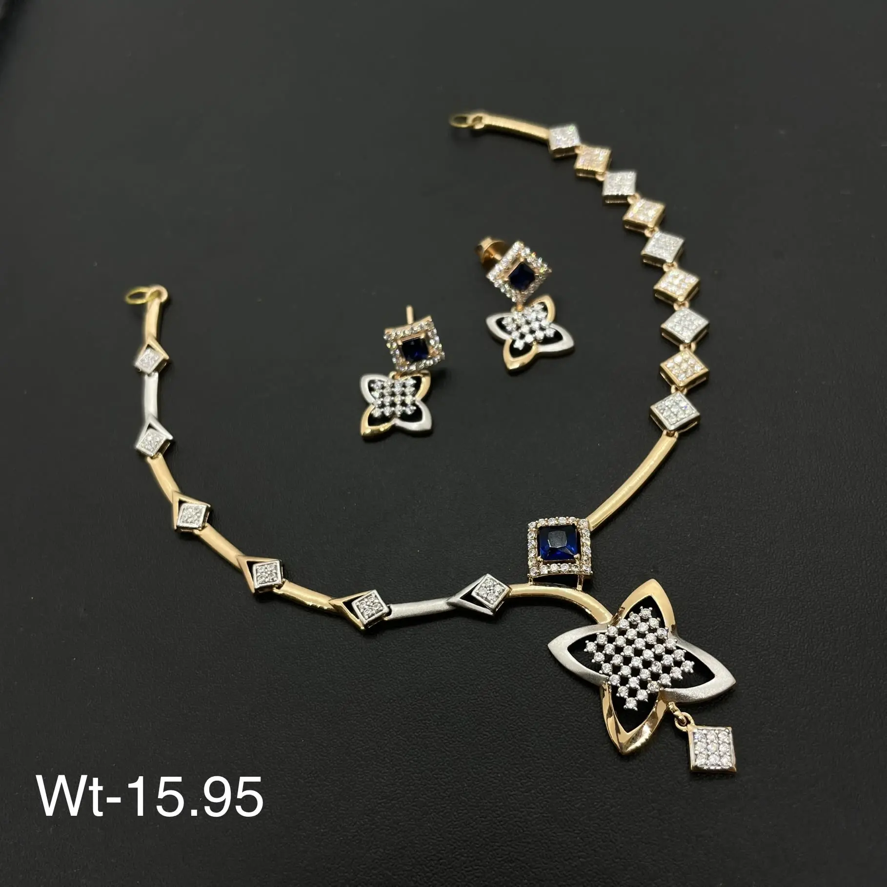 Trendy Rose Gold American Diamond Necklace With Blue Stone