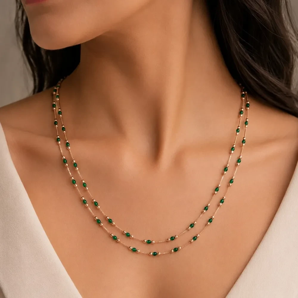 Emerald Beaded Two-Layer Gold Chain